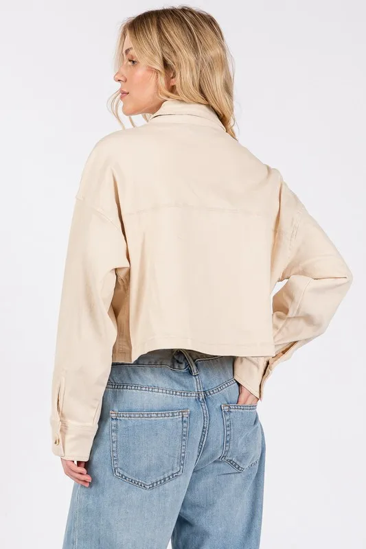 Button Down Cropped Denim Jacket with Patch Pockets, image 2