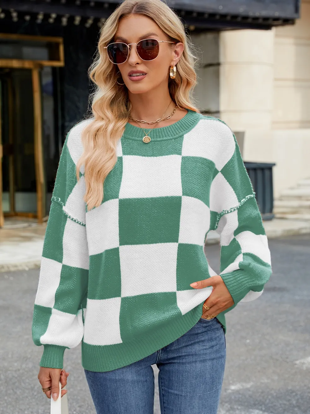 Checkered Round Neck Long Sleeve Sweater, image 5