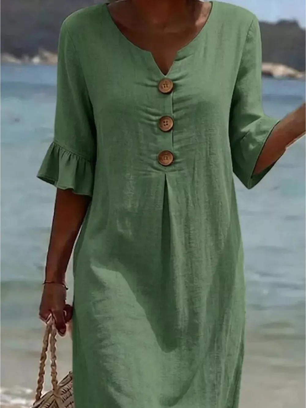 Full Size Button Decor Flounce Sleeve Dress Plus Size, image 9