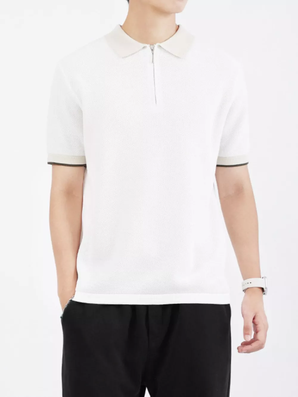 Men's Plus Size Textured Knit Polo with Zipper, image 10