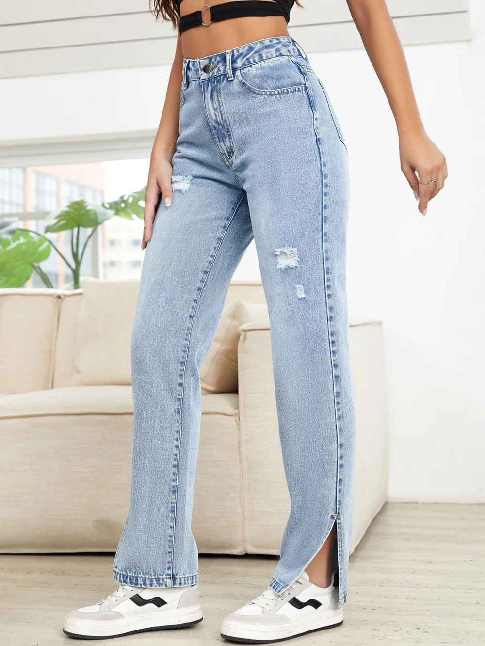 Distressed Slit Straight Leg Jeans, image 3