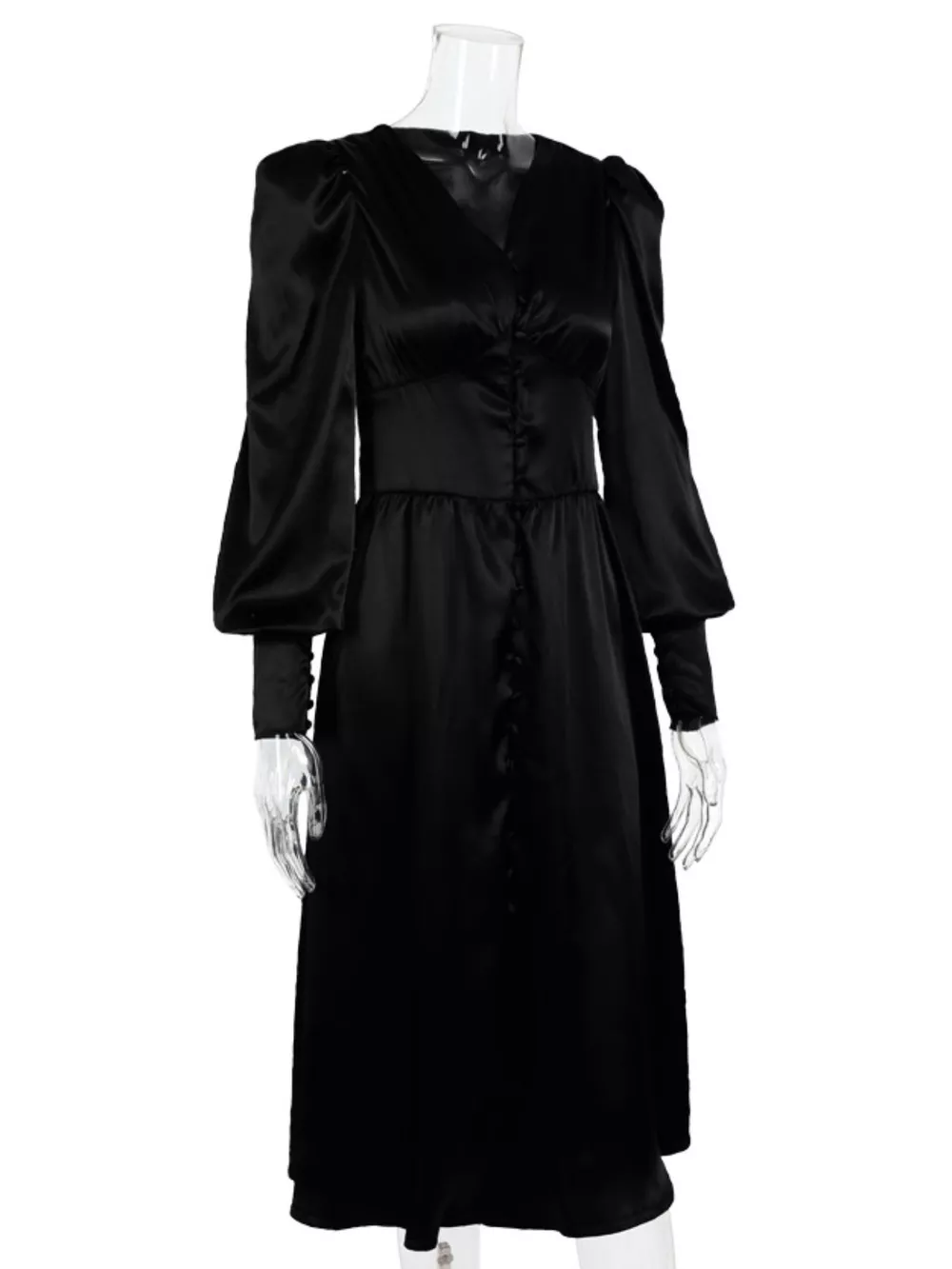 Elegant V-Neck Puff Sleeve Button-Down Midi Dress, image 19