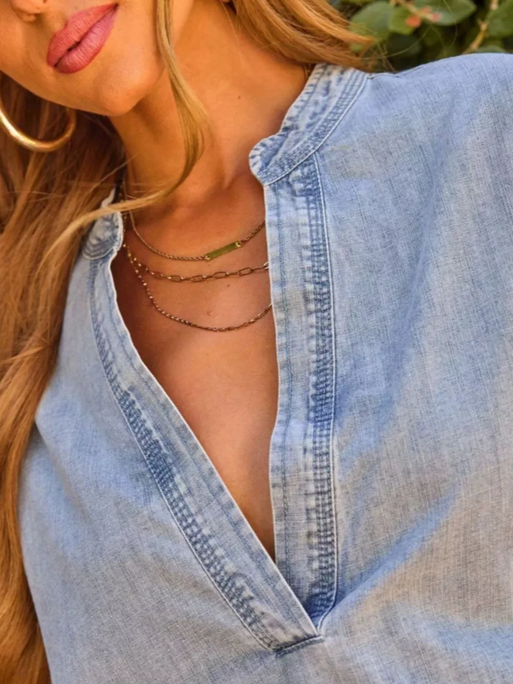 Notched Dropped Shoulder Denim Top, image 5