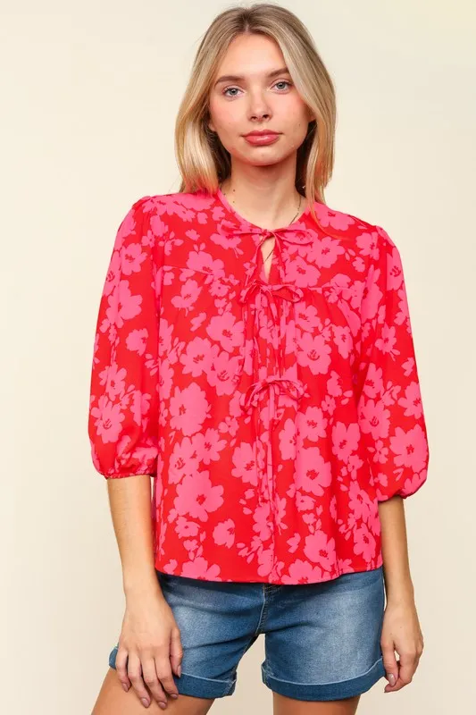 Full Size Ribbon Bow Floral Balloon Sleeve Blouse