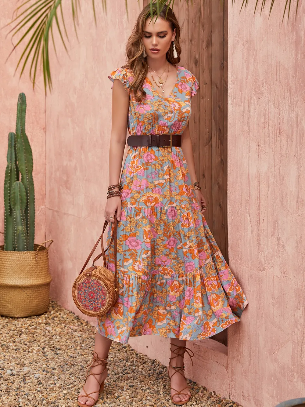 Ruffled Printed V-Neck Cap Sleeve Tiered Dress, image 2
