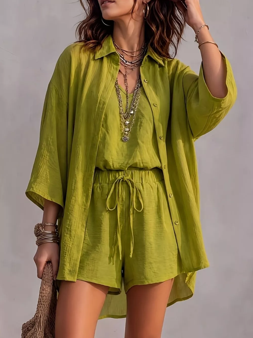 V-Neck Tank & Button-Down Shirt and Shorts Set, image 2