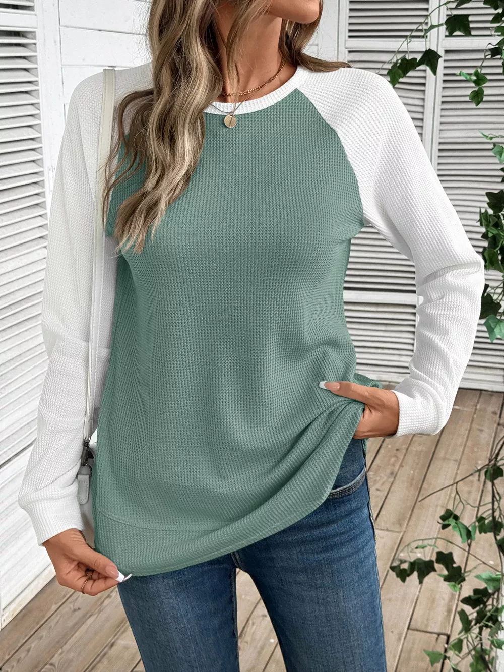Contrast Raglan Sleeve Waffle Knit T-Shirt, image 24