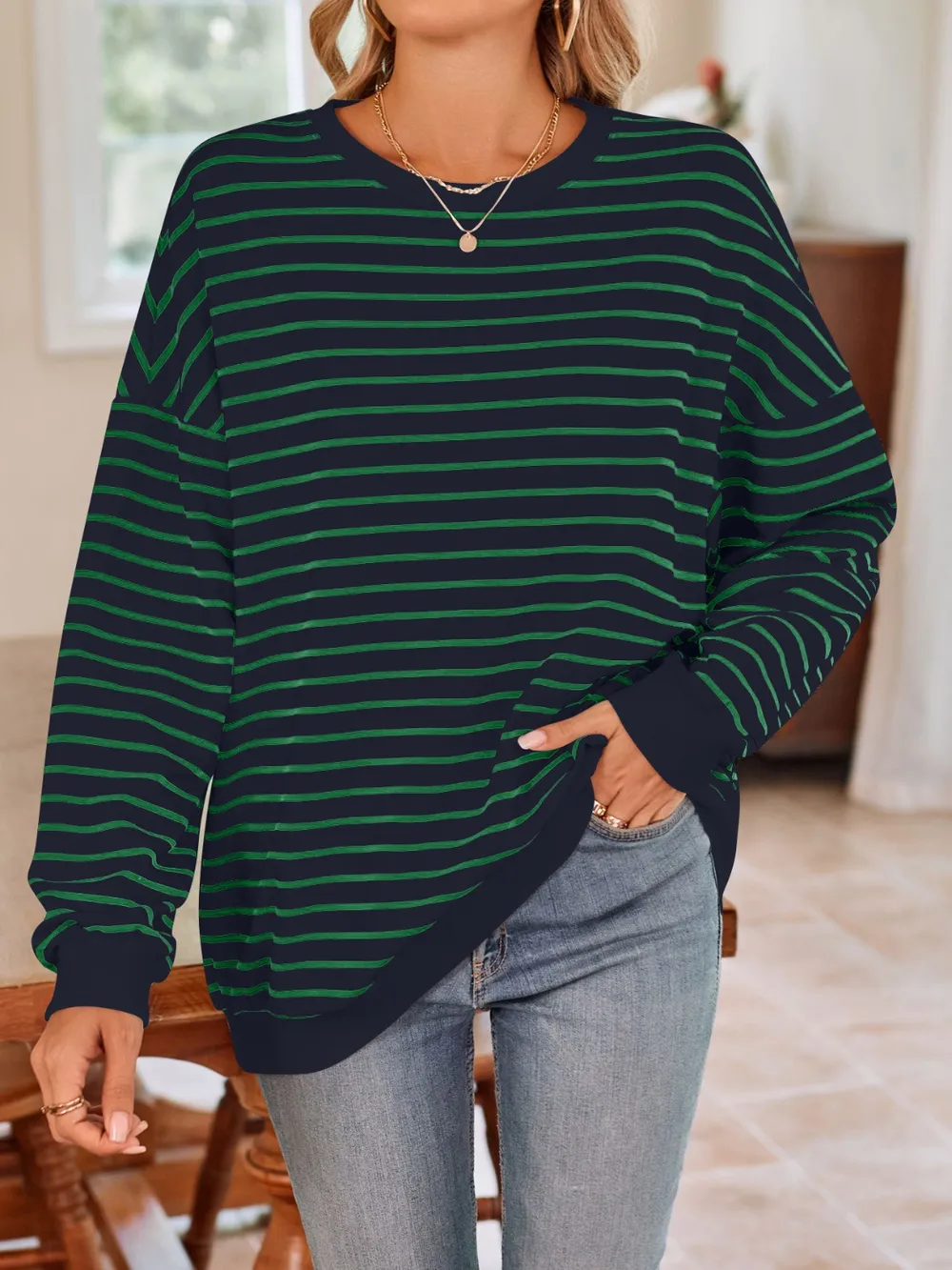 Striped Round Neck Long Sleeve Sweatshirt, image 32