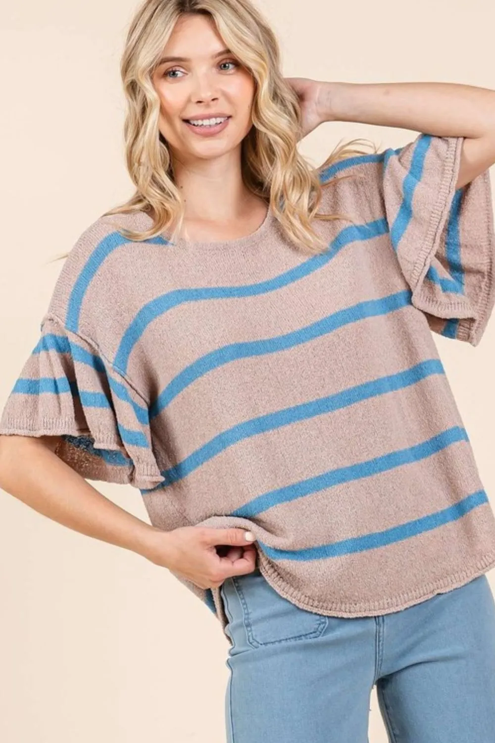 Striped Flounce Sleeve Knit Top, image 4