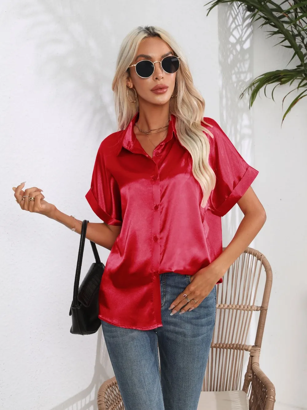 Button Down Collared Neck Short Sleeve Satin Shirt, image 31