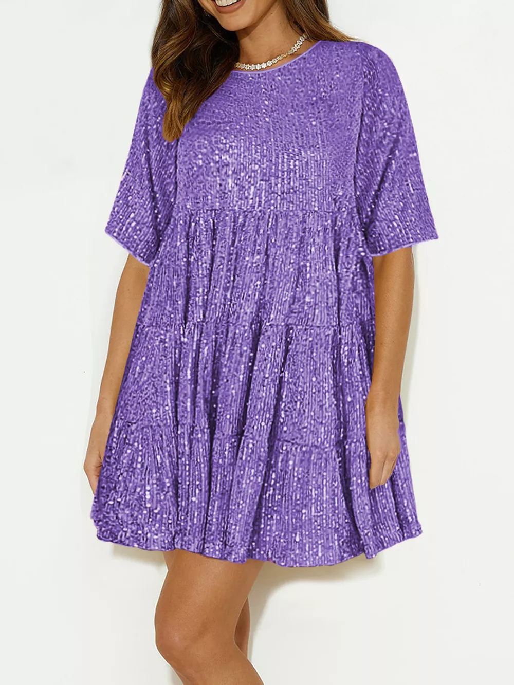 Sequin Round Neck Half Sleeve Mini Dress, image 9