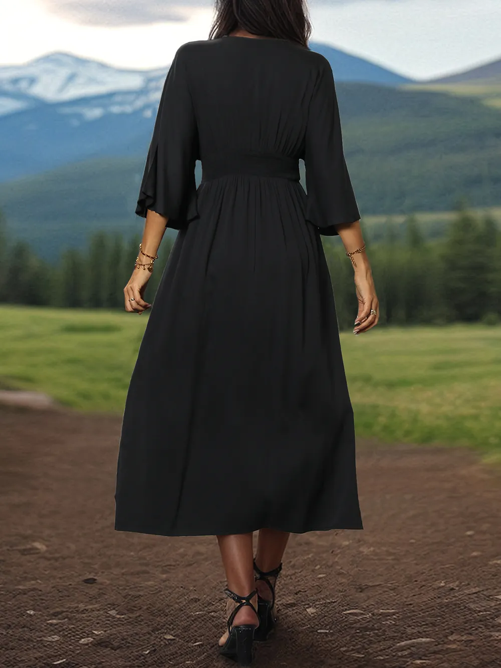 Slit V-Neck Long Sleeve Midi Dress, image 3