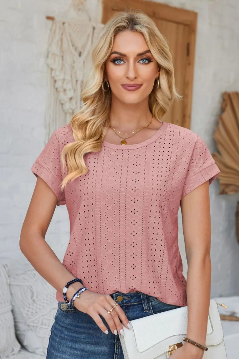 Eyelet Round Neck Rolled Short Sleeve T-Shirt, image 29