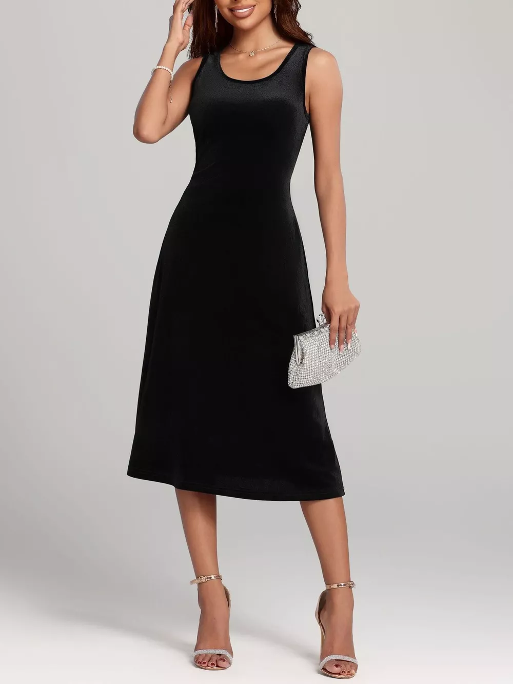Round Neck Sleeveless Velvet A-Line Midi Dress, image 3