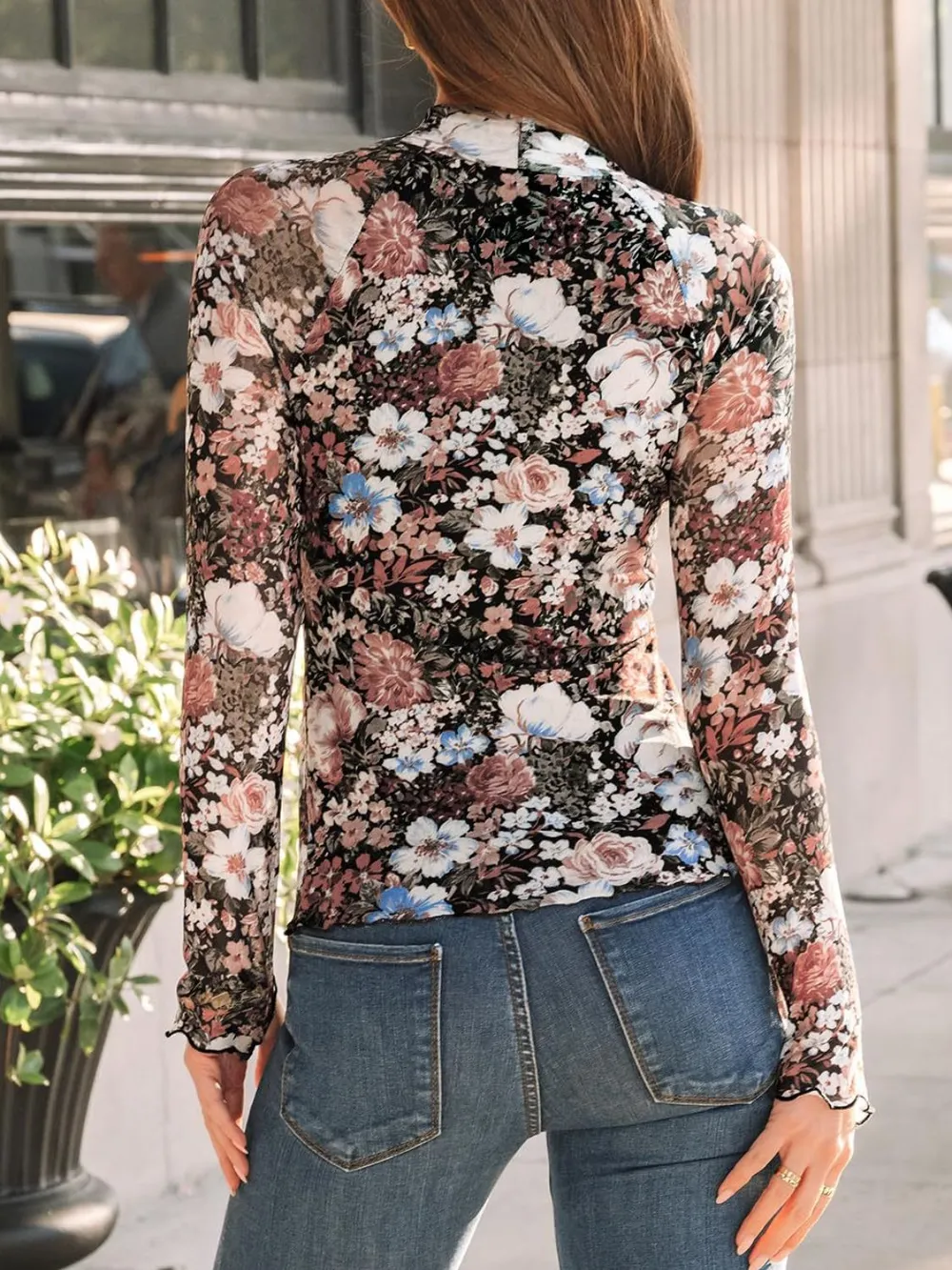 Floral Mock Neck Long Sleeve T-Shirt, image 6