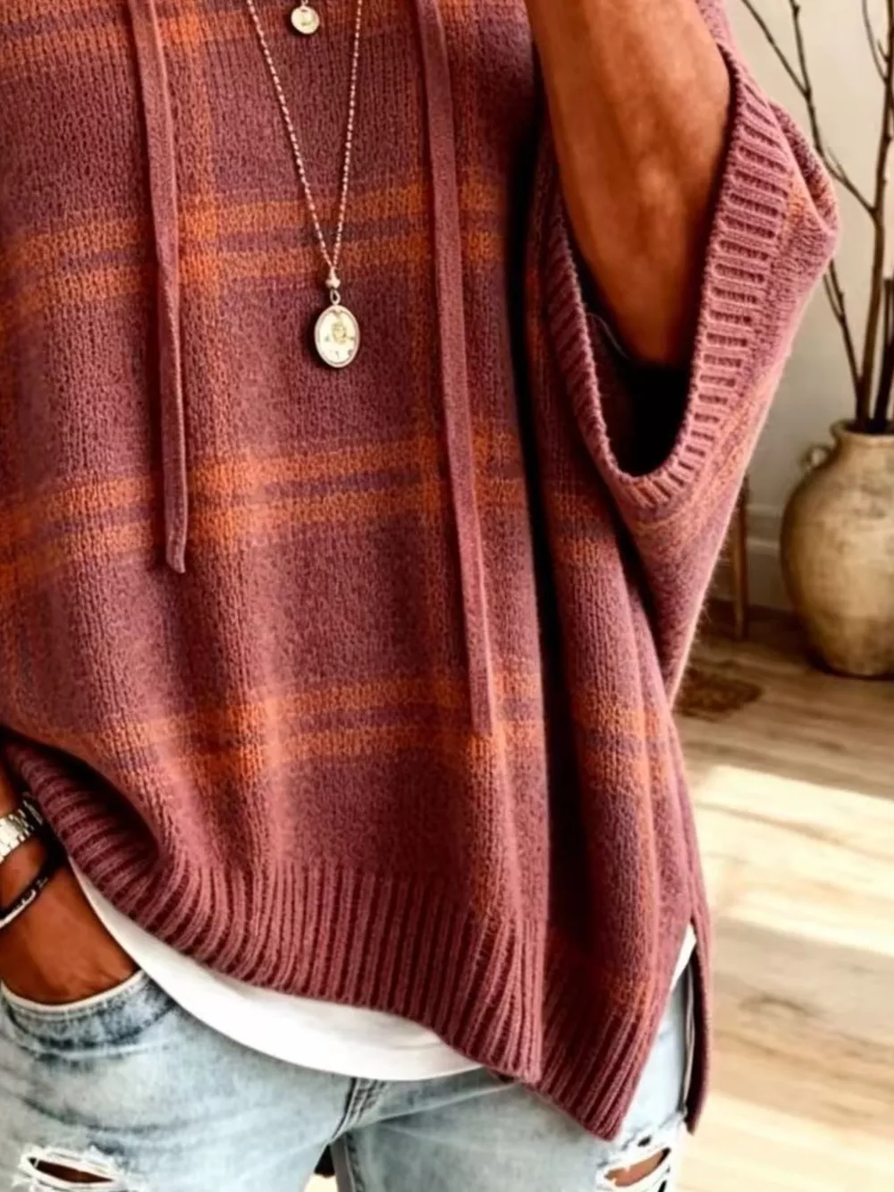 Plaid Hooded Knit Sweater, image 8