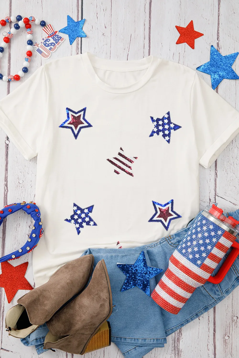 Sequin Star Round Neck Short Sleeve T-Shirt, image 3