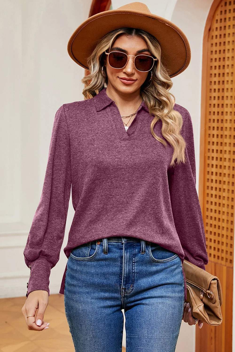 Decorative Button Johnny Collar Lantern Sleeve Blouse, image 13
