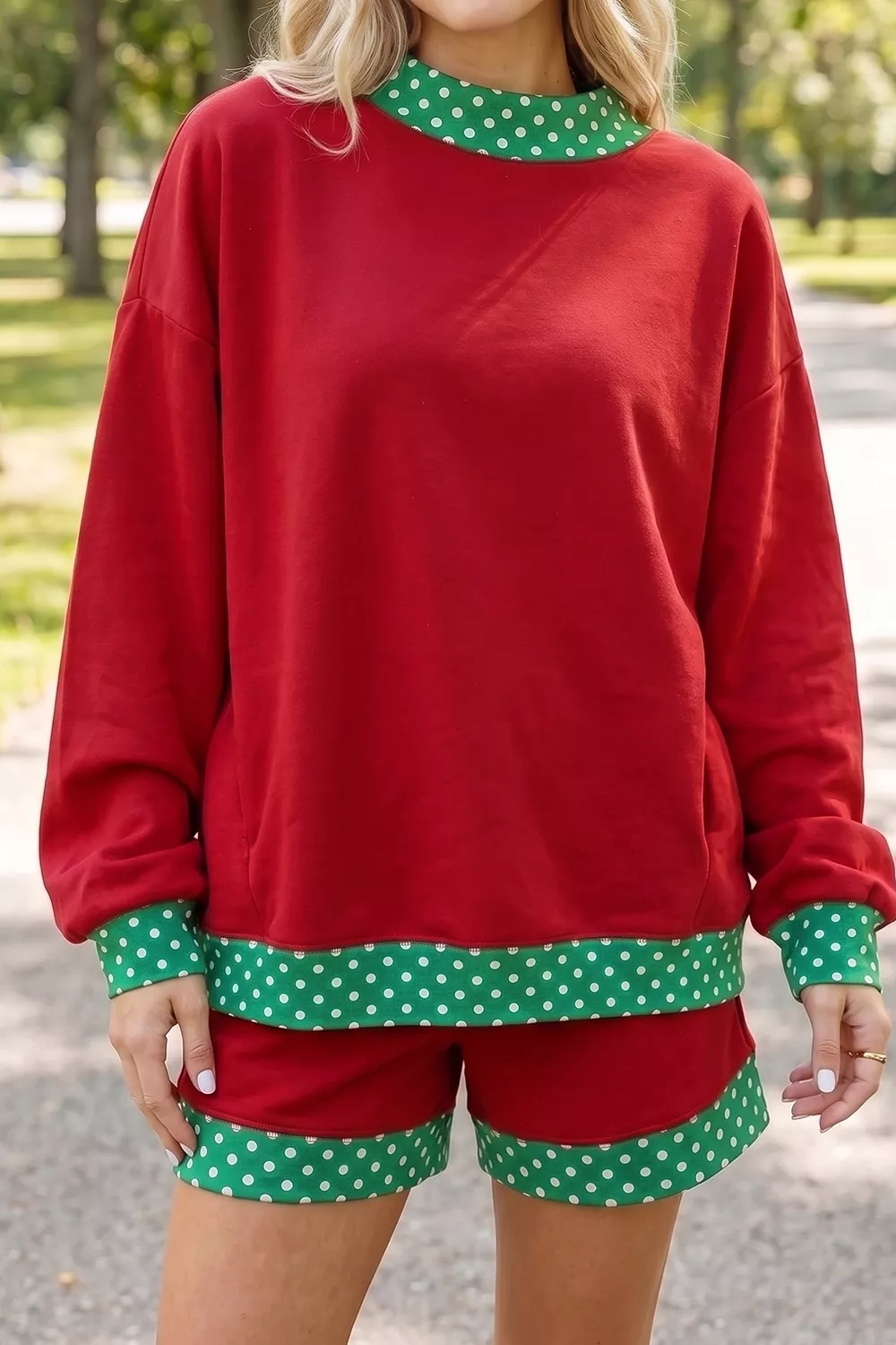 Polka Dot Trim Sweatshirt and Shorts Set, image 3