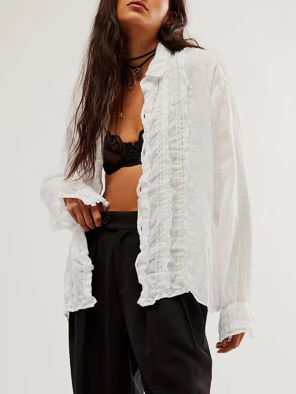 Frill Ruched Collared Neck Long Sleeve Shirt, image 5