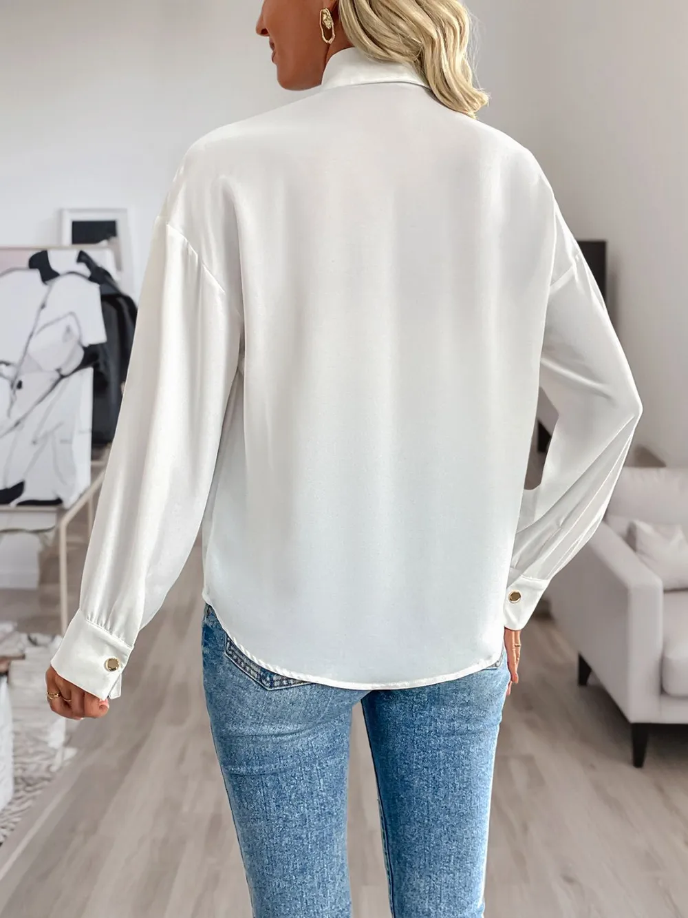 Sequin Contrast Collared Neck Long Sleeve Shirt, image 4
