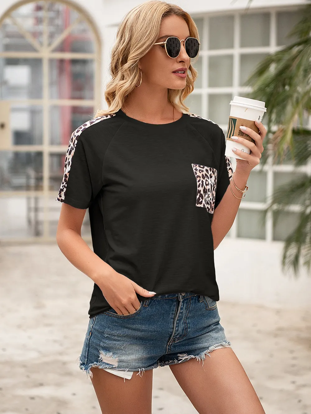 Pocketed Leopard Round Neck Short Sleeve T-Shirt, image 18