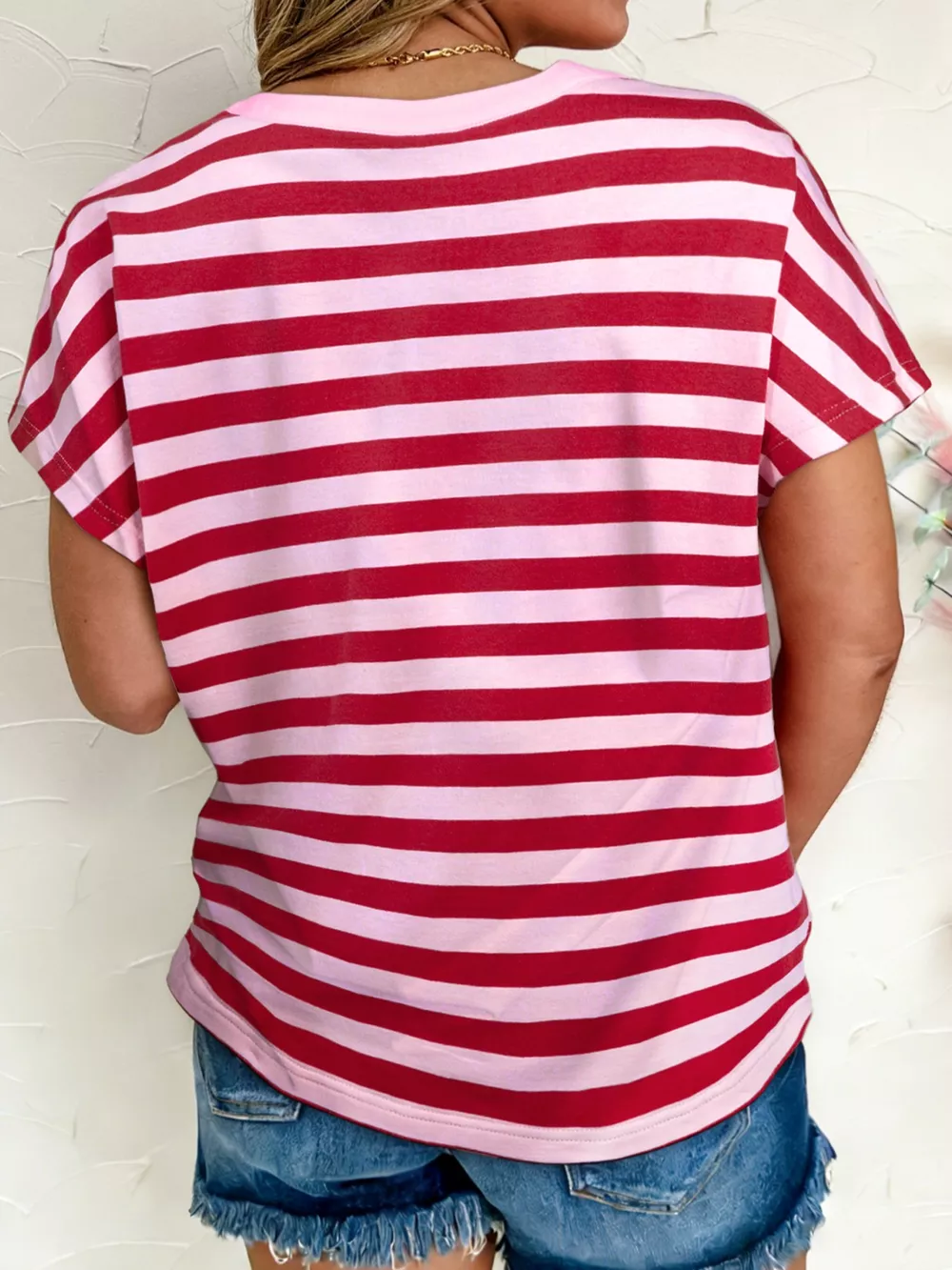 Stripe Split V Neck Casual T Shirt, image 2