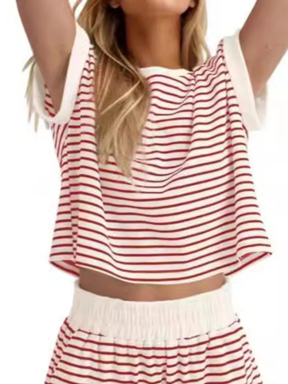 Full Size Contrast Striped T-Shirt and Shorts Set Plus Size, image 6