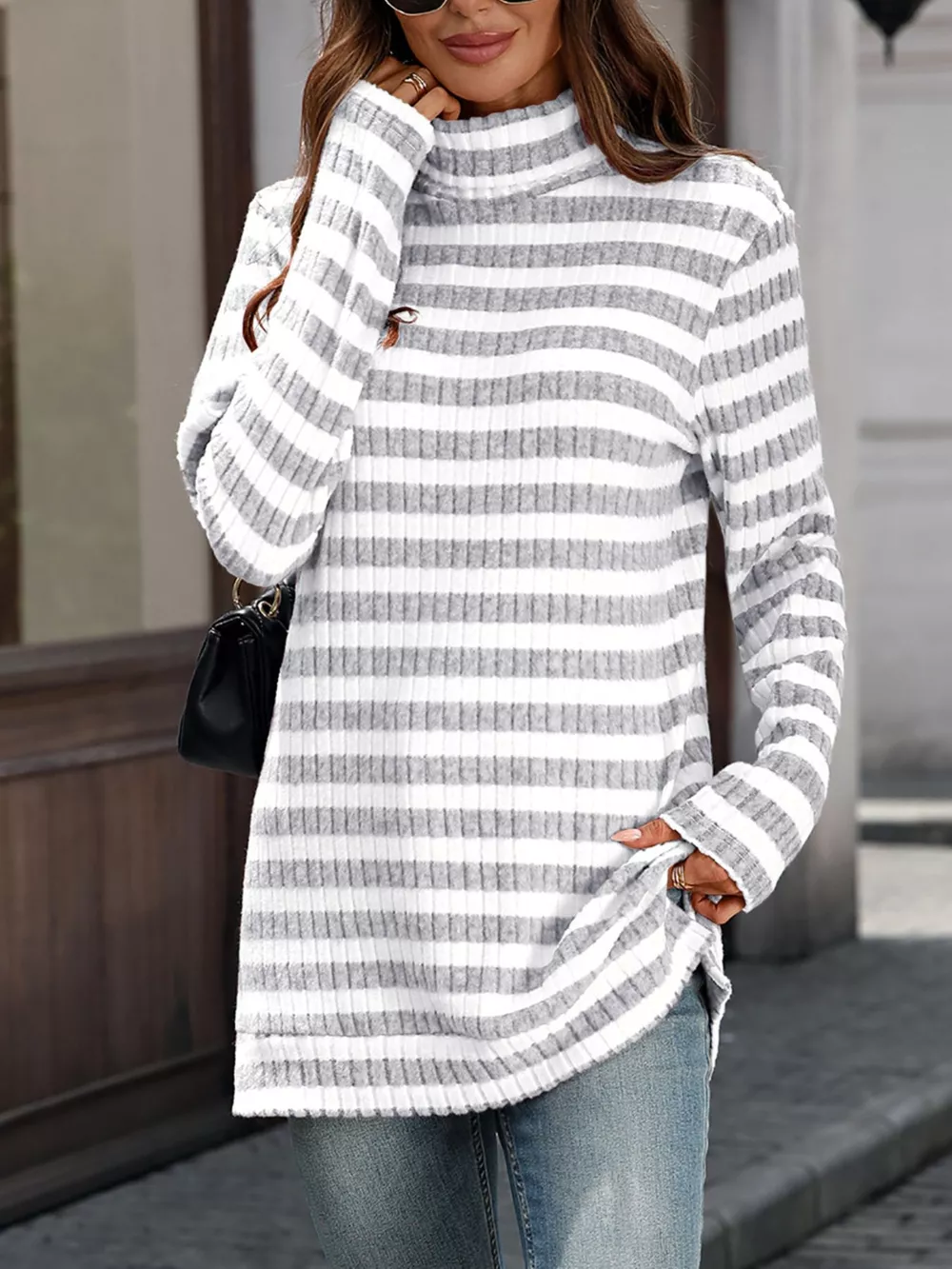 Striped Ribbed Knit Turtleneck Long Sleeve T-Shirt, image 14