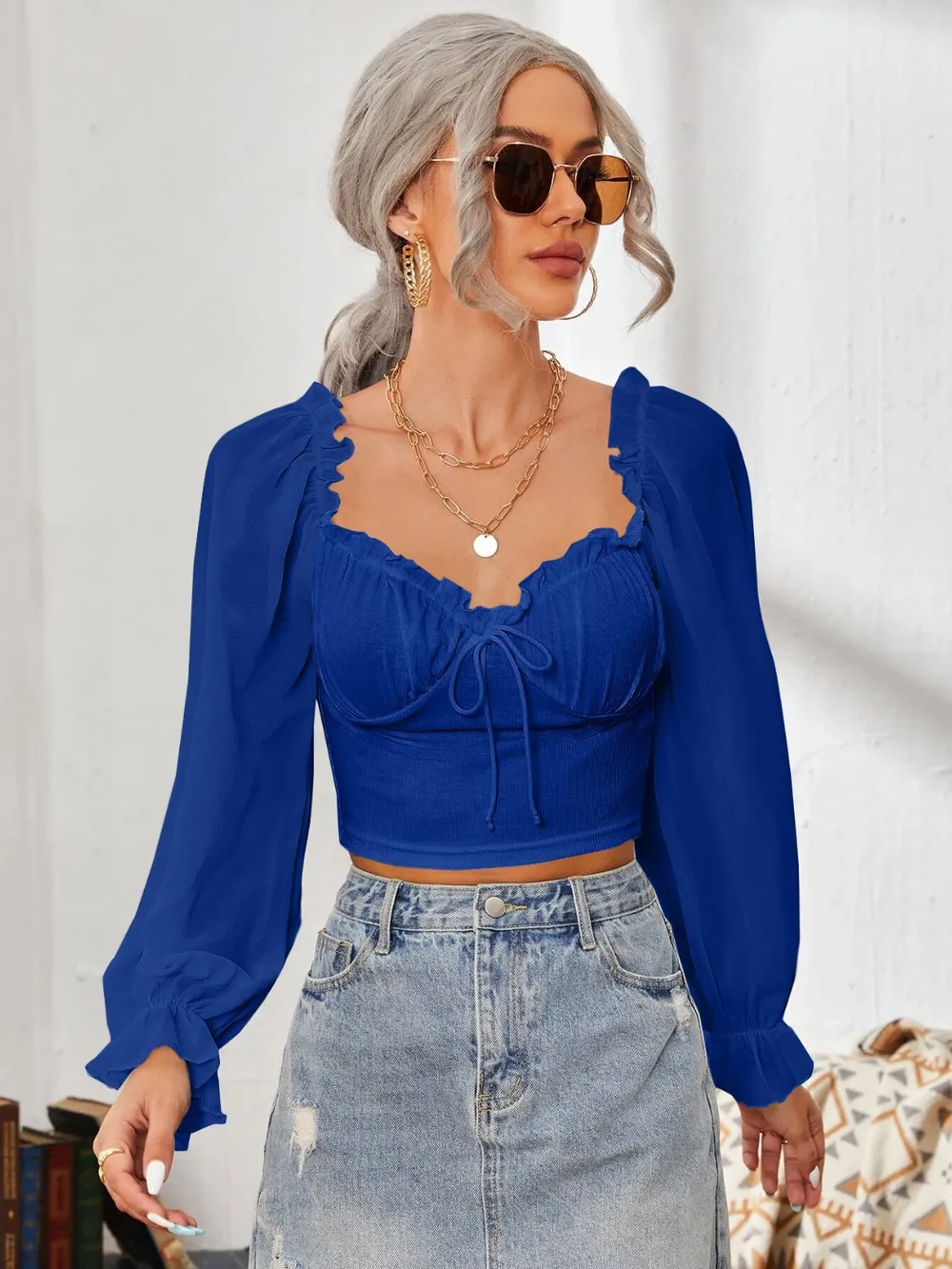 Mesh Sweetheart Neck Flounce Sleeve Top, image 11