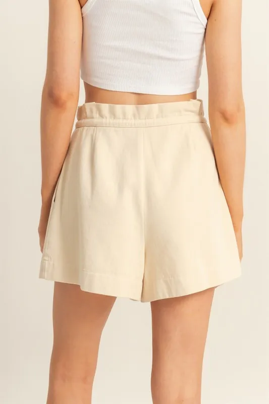 High-Waisted Washed Twill Paperbag Shorts, image 2