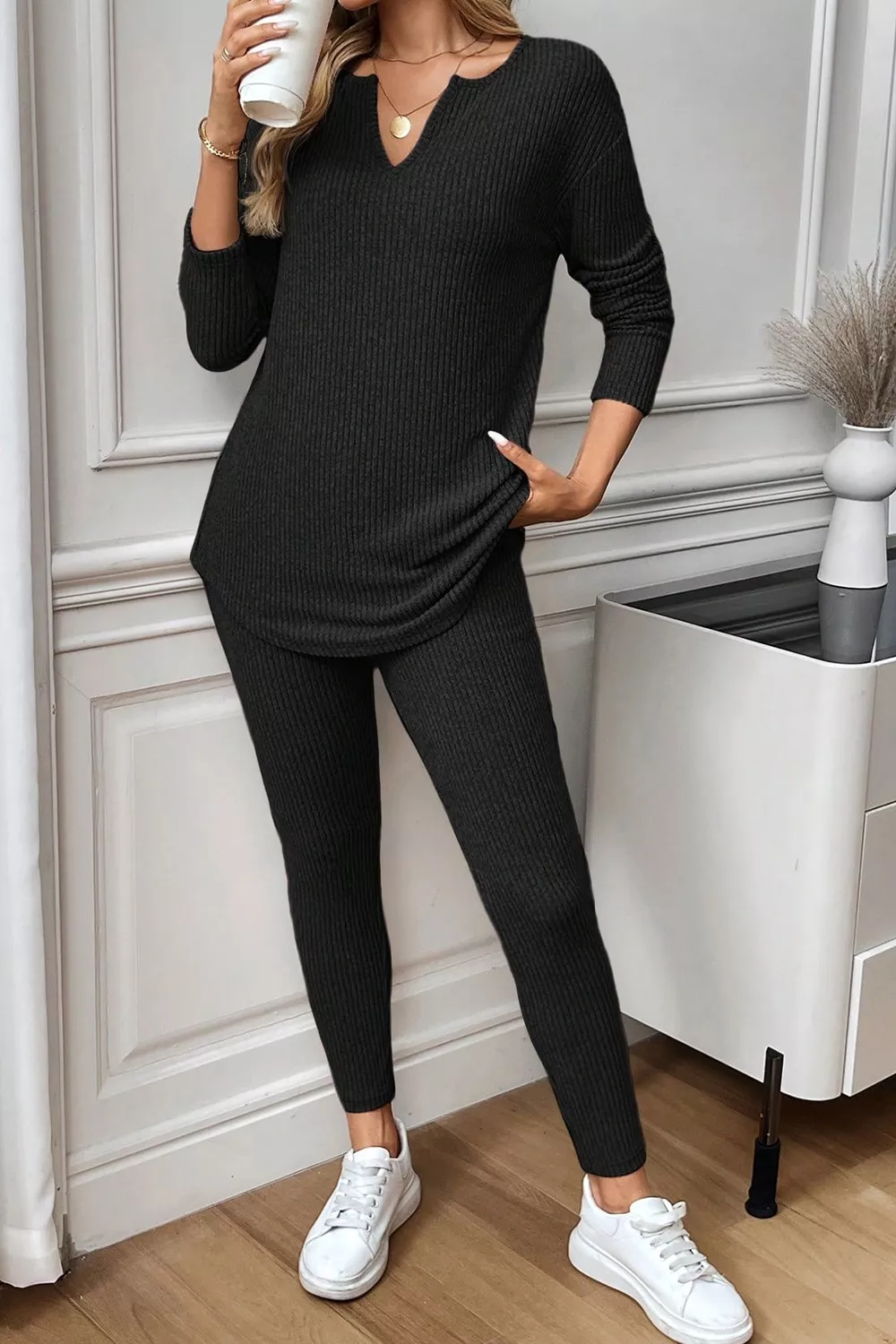 Notched Long Sleeve Top and Pants Set, image 4