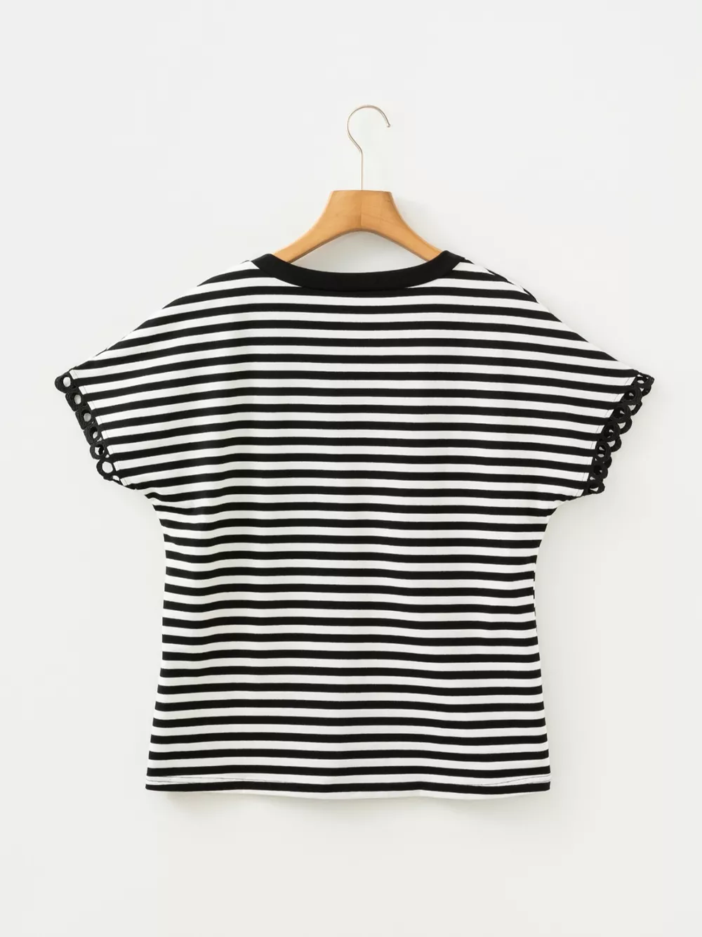 Striped V-Neck Scalloped Short Sleeve T-Shirt, image 3