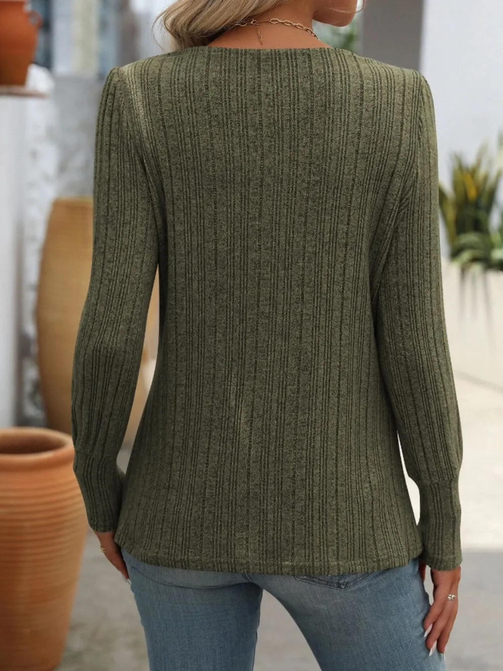 Decorative Button Striped Square Neck Long Sleeve T-Shirt, image 16
