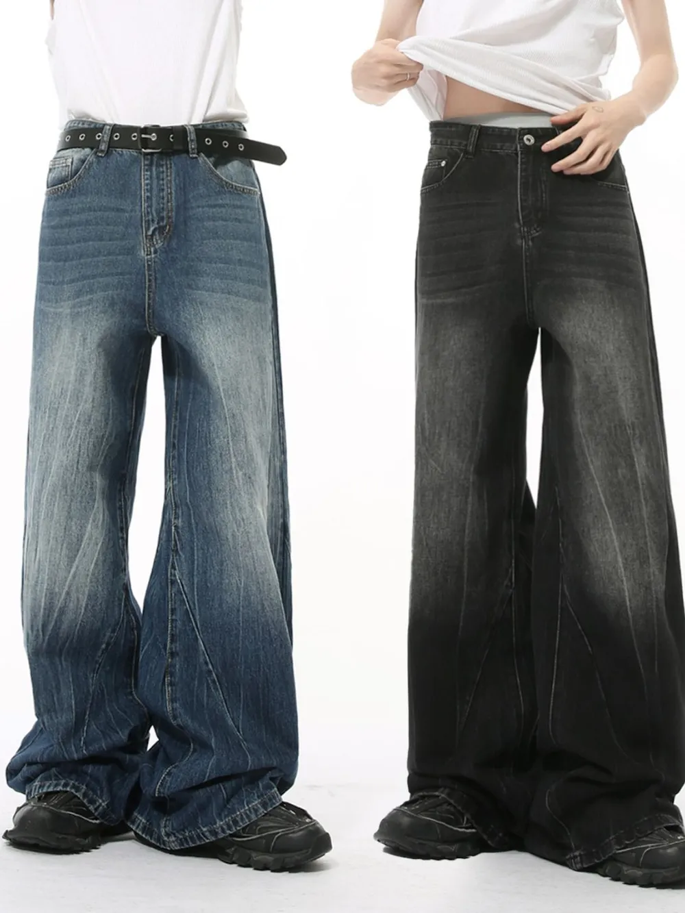 Washed Lightning Pattern Wide Leg Jeans, image 2