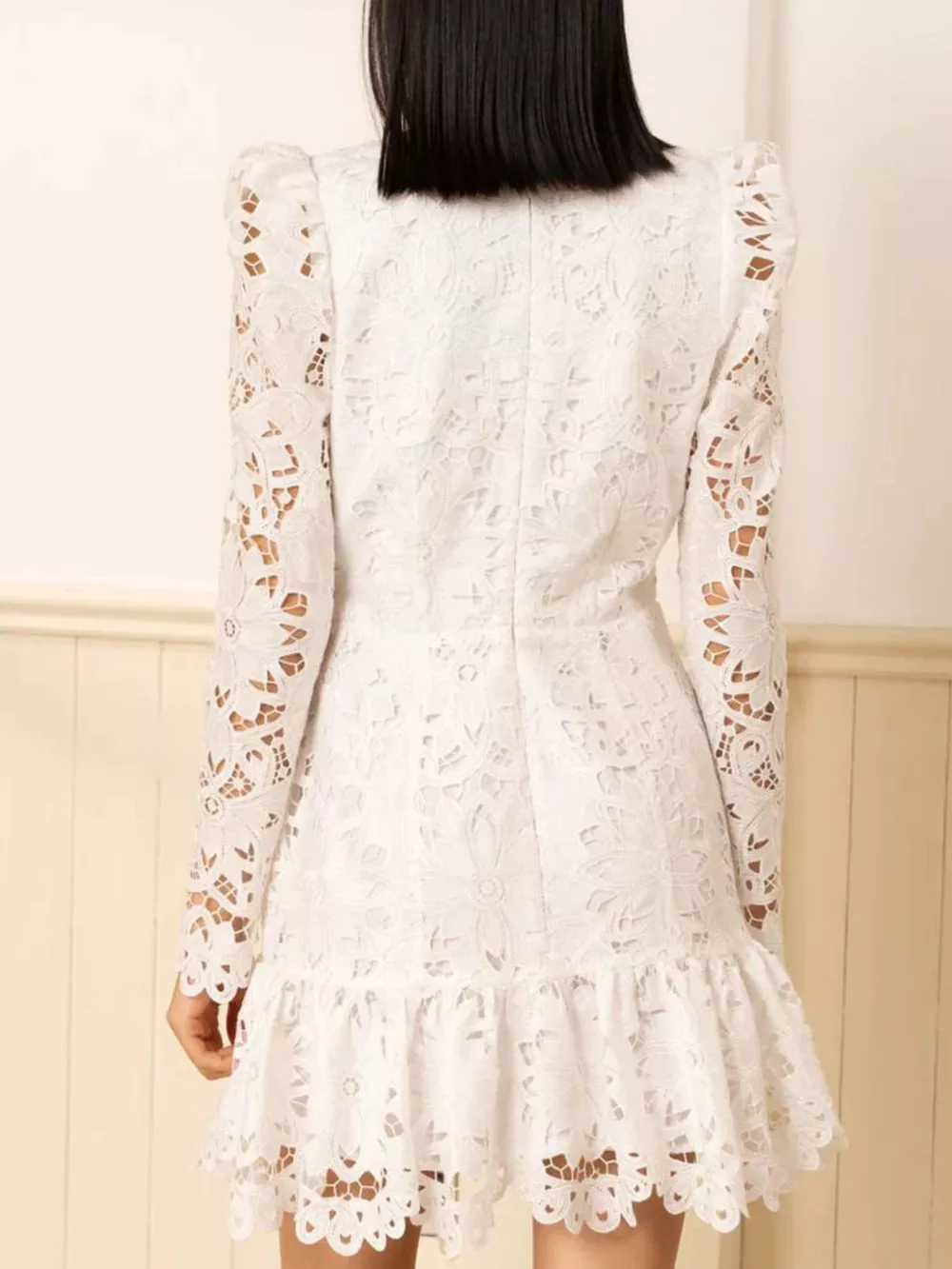 Lace Long-Sleeve Mini Dress with Scalloped Neckline, image 4