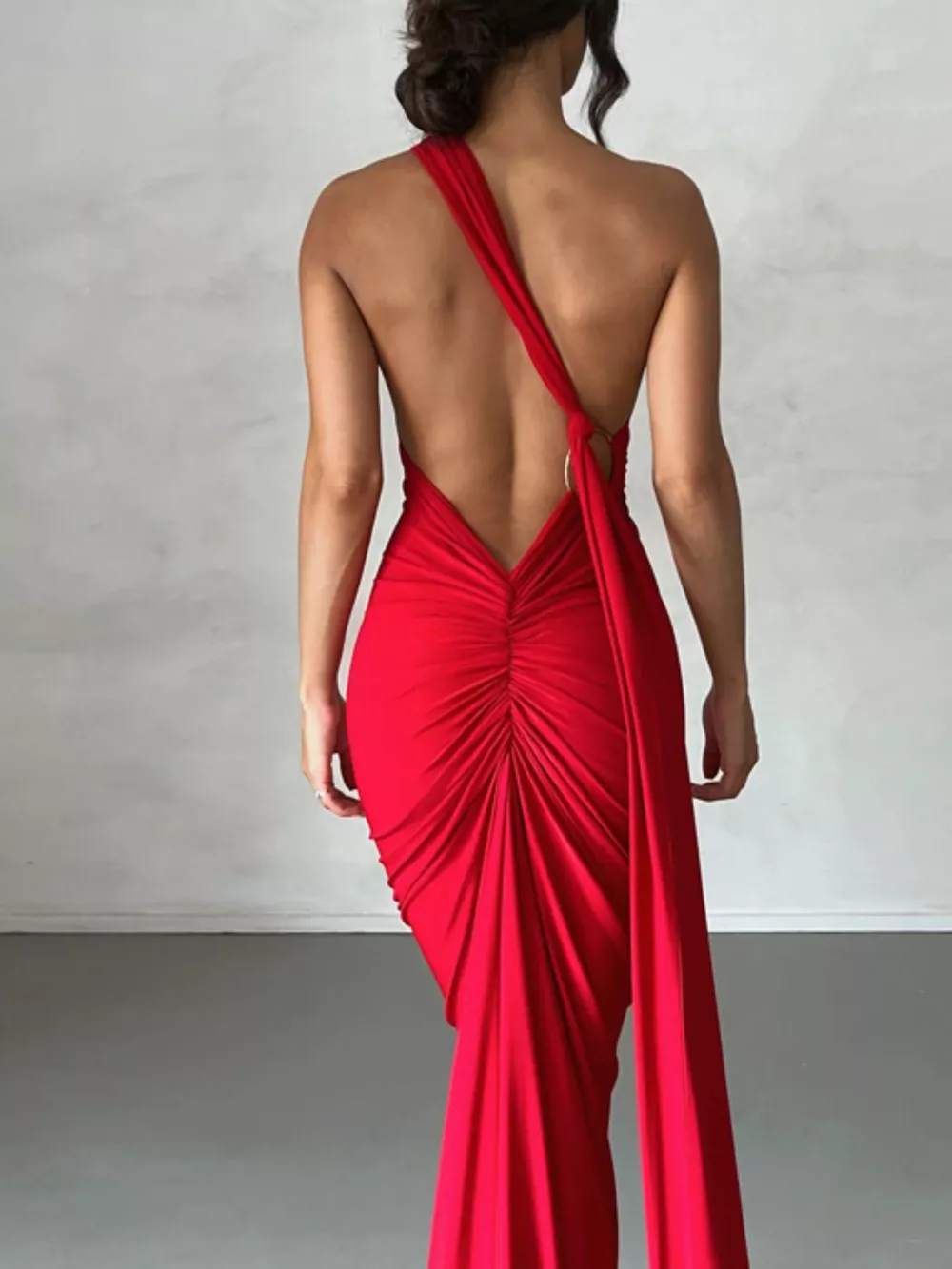 Backless One-Shoulder Ruched Bodycon Maxi Dress, image 11