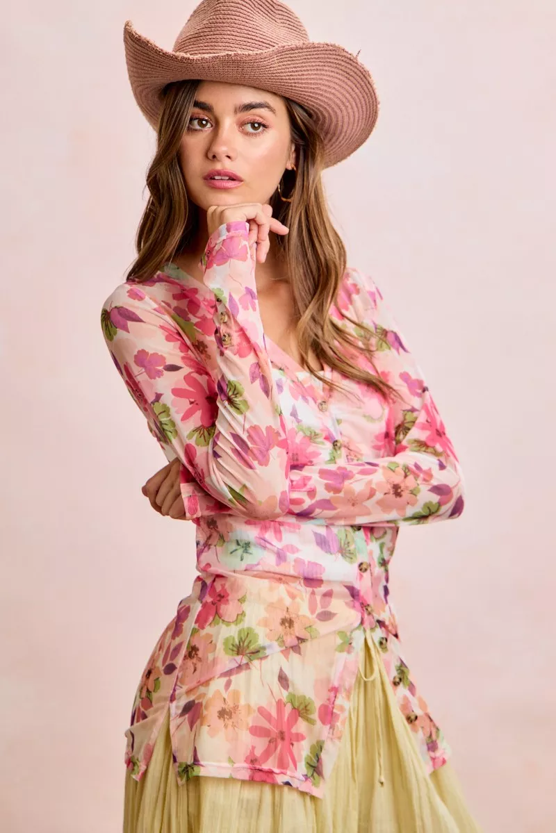 BiBi Floral Shrried Detail Button Up Mesh Cardigan Top, image 2