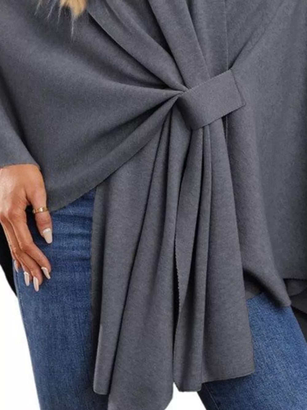 Solid Color Tie-Front Knit Cape Top, image 5