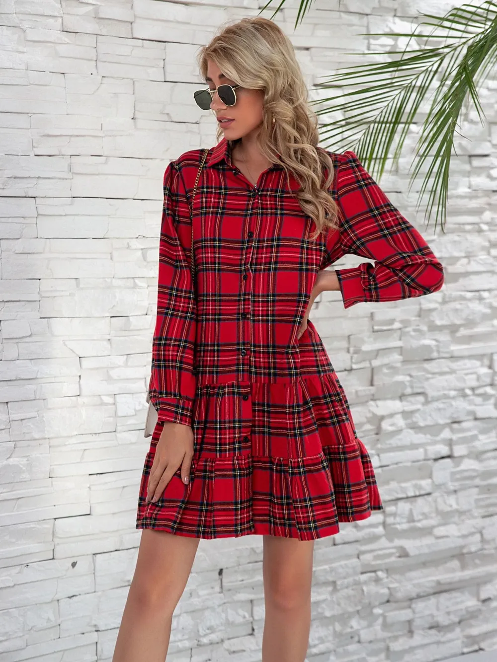 Ruffle Hem Plaid Button Down Long Sleeve Dress, image 4