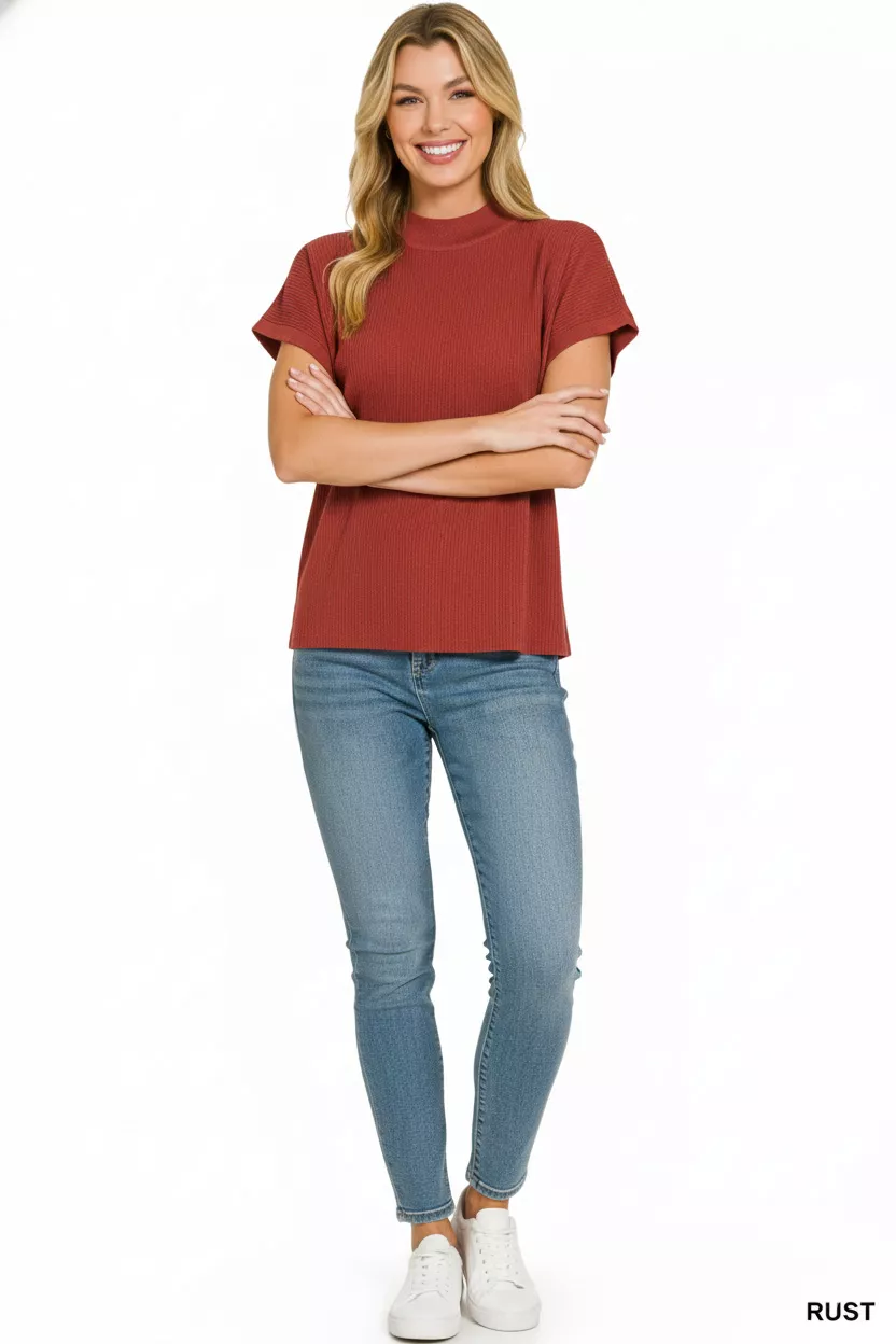 Viscose Mock Neck Short Sleeve Boxy Sweater, image 2