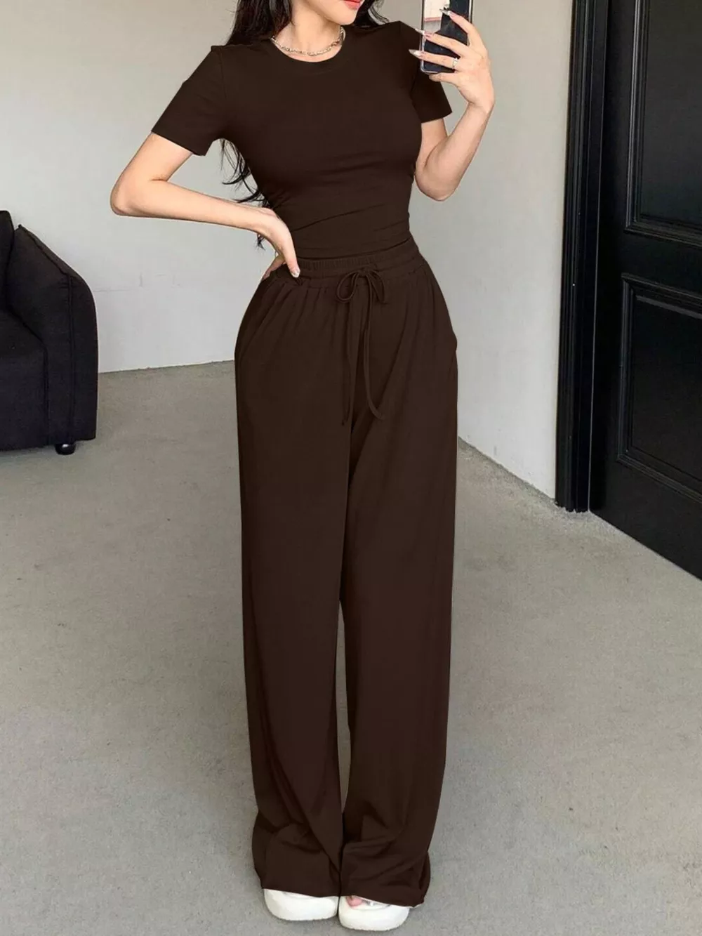 Solid Color Short Sleeve Crop Top and Wide Leg Pants Set, image 3
