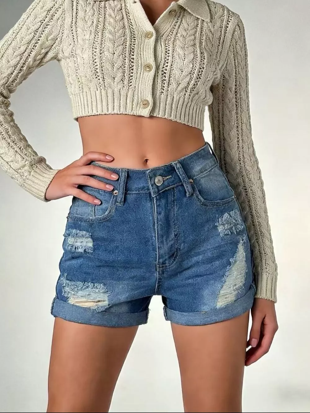 Distressed High-Waisted Denim Shorts, image 4