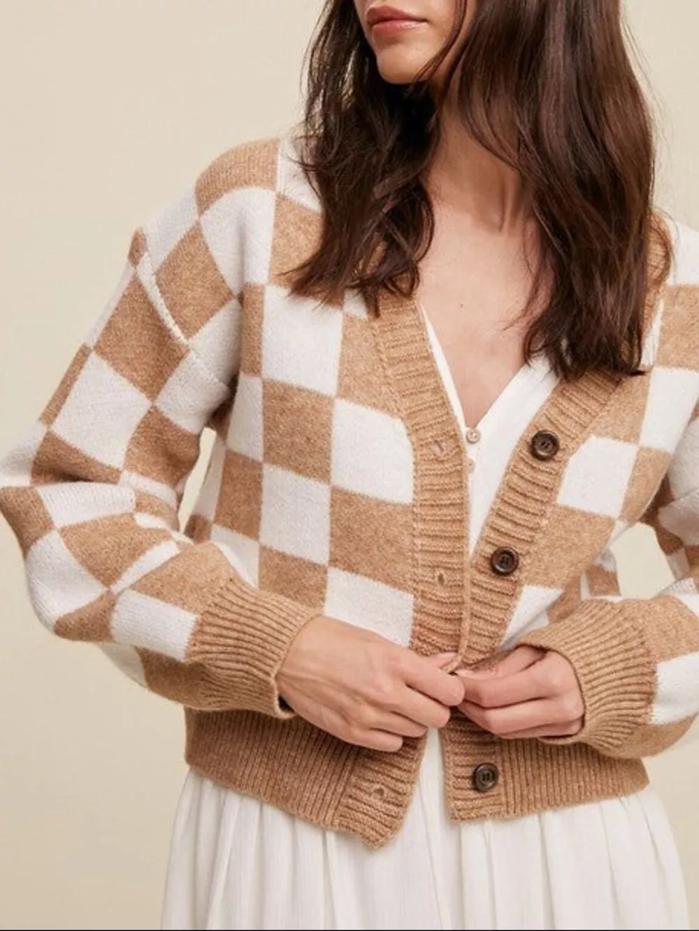 Checkerboard Pattern Button-Down Cardigan, image 6