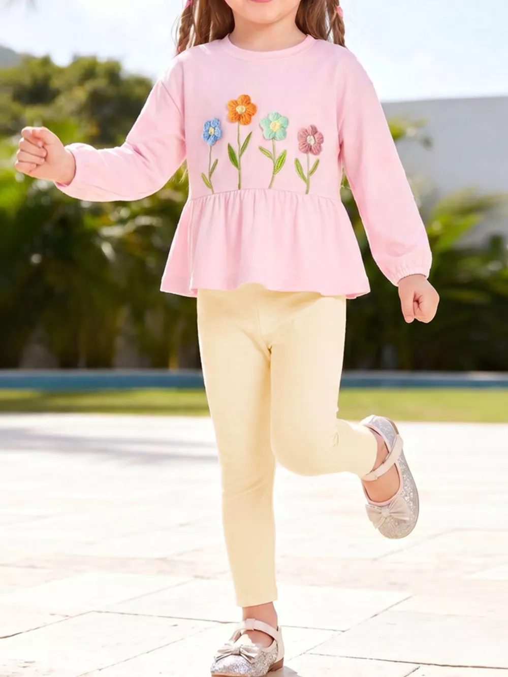 Children's Floral Applique Peplum Top and Leggings Set