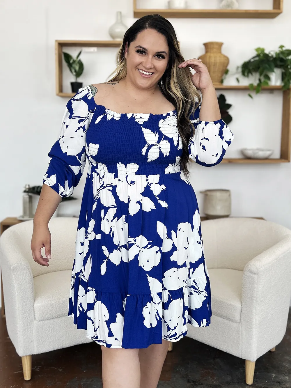 Full Size Floral Ruffle Hem Smocked Dress with Pockets, image 4