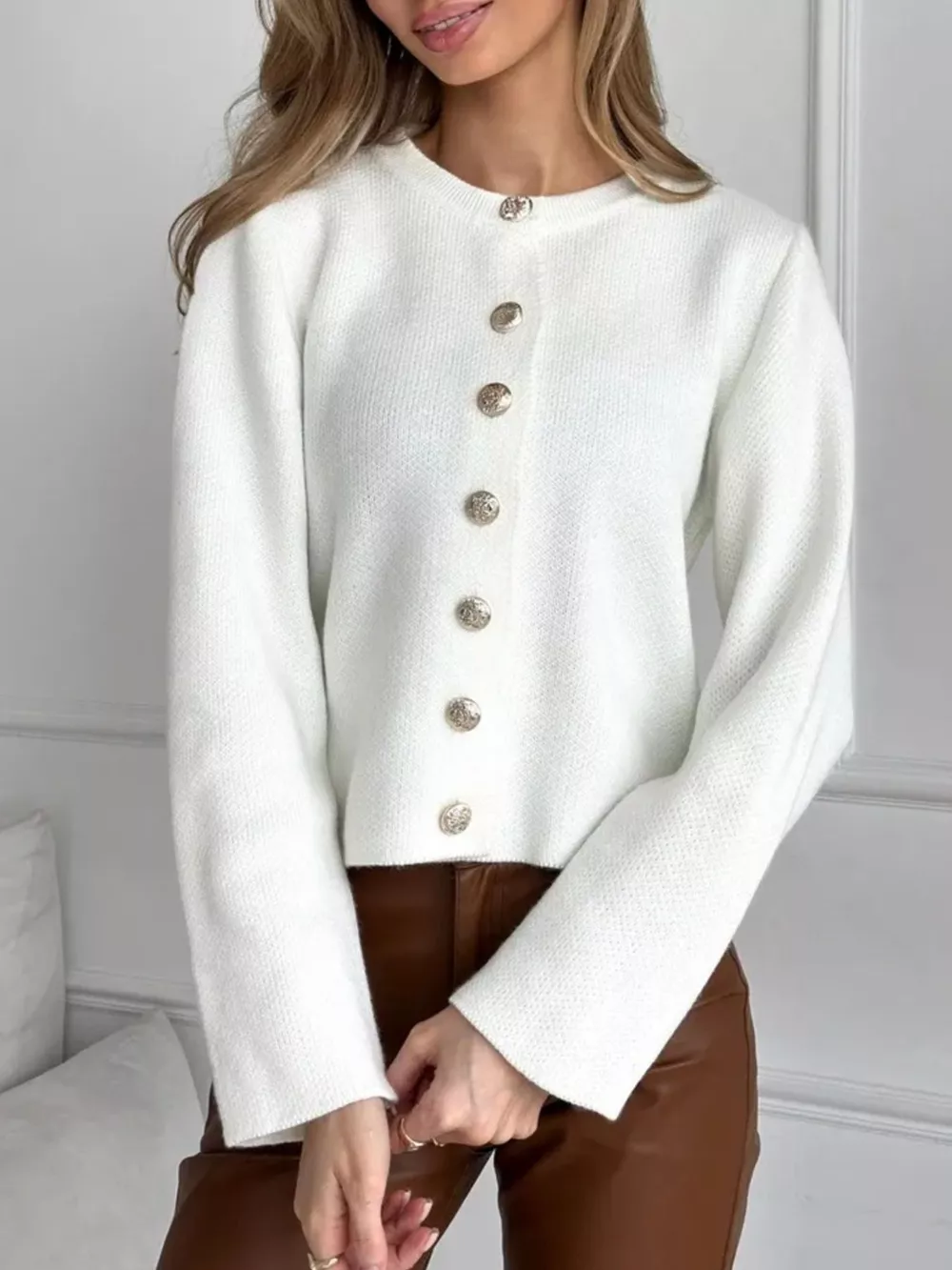 Crew-Neck Button Down Cardigan, image 5