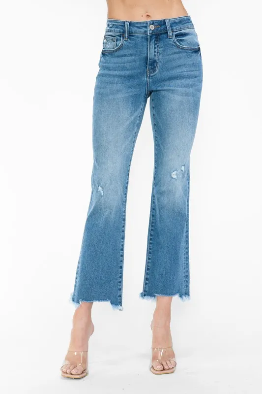 Raw Hem Distressed Mid Rise Crop Jeans, image 2