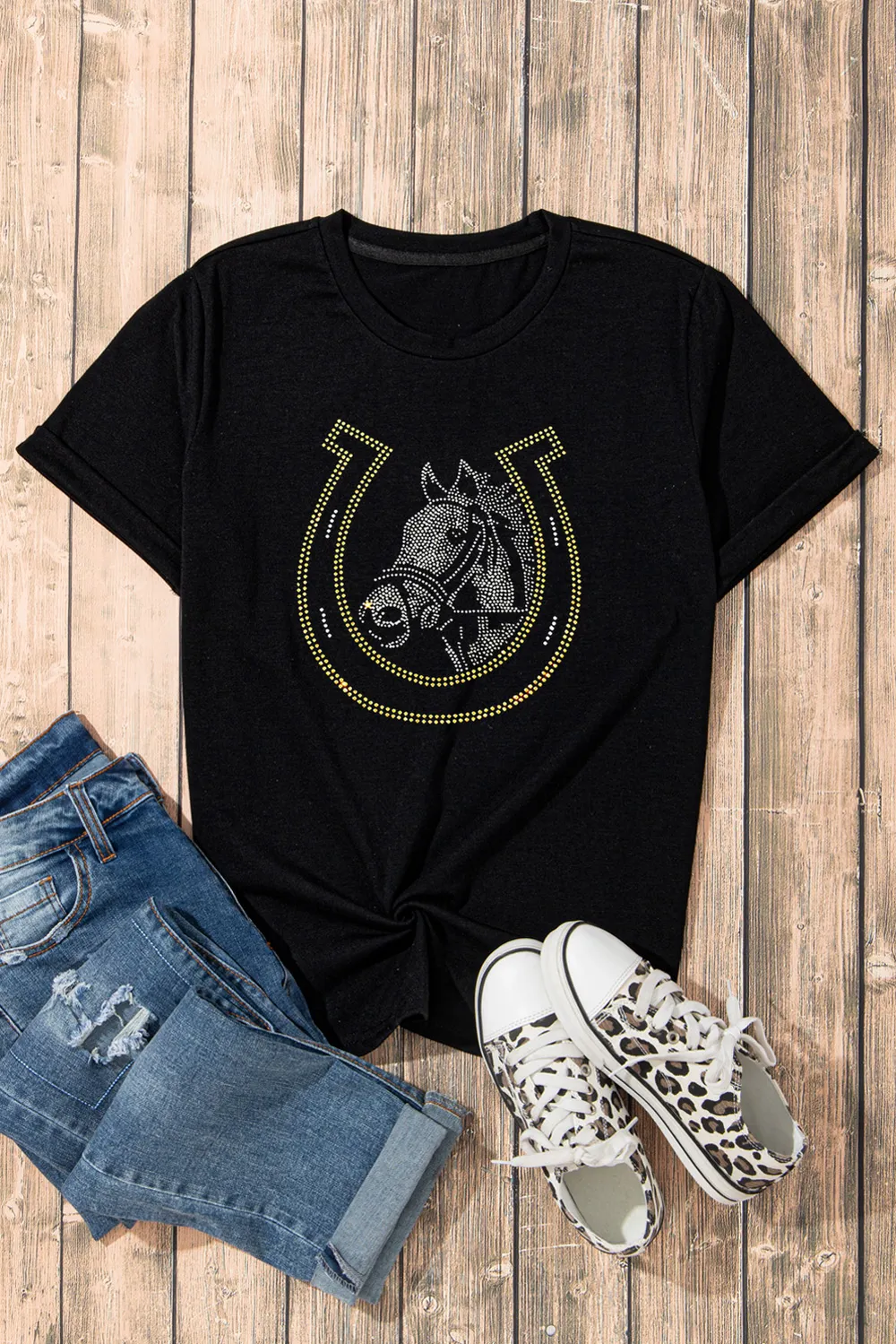 Rhinestone Round Neck Short Sleeve T-Shirt, image 4