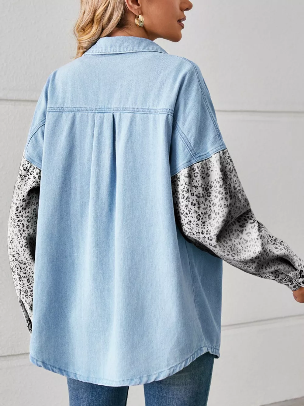 Leopard Patchwork Button Up Denim Shirt, image 3